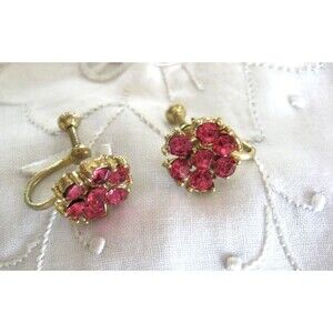 Vintage Unsigned Earrings Fuchsia Pink Rhinestone Flower Shape Screw Back